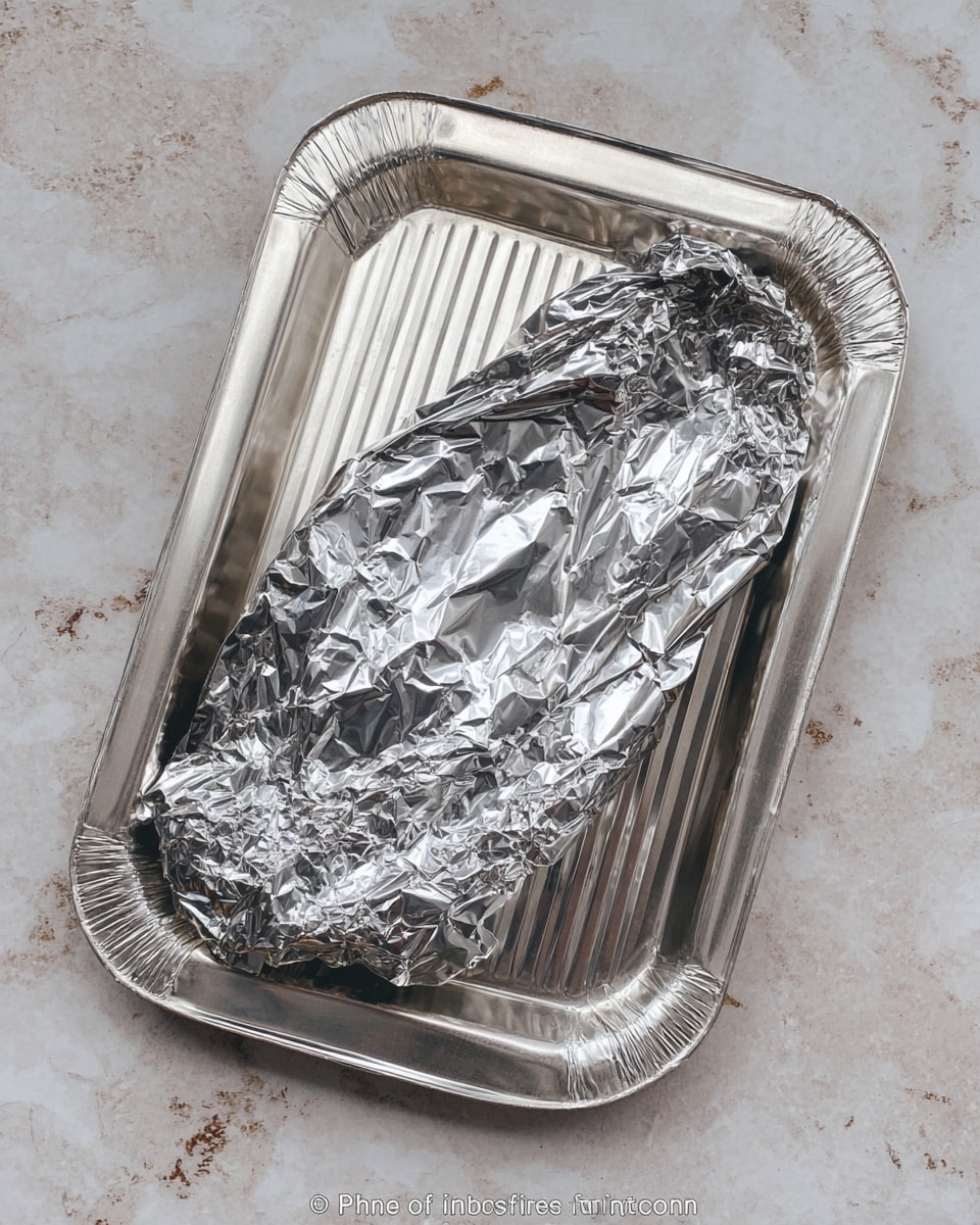 A silver baking tray with ridges holds a crumpled piece of shiny aluminum foil wrapped around an unknown item, resting on a white marbled surface. The foil is smooth in some areas and tightly wrinkled in others, creating reflective textures catching light in different ways. The tray has slight signs of usage with subtle discoloration along the edges. photo taken with an iphone --ar 4:5 --v 7