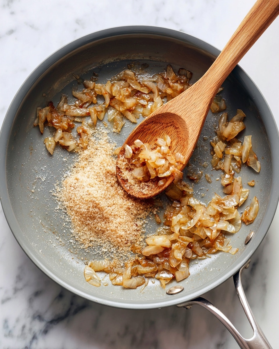 A gray frying pan with a silver handle contains pieces of cooked onions that are golden brown and caramelized, mixed with light tan granulated sugar piled mostly in the center. A wooden spoon is resting inside the pan, partially covered with cooked onion bits and sugar, stirring the mixture. The pan sits on a white marbled surface. photo taken with an iphone --ar 4:5 --v 7