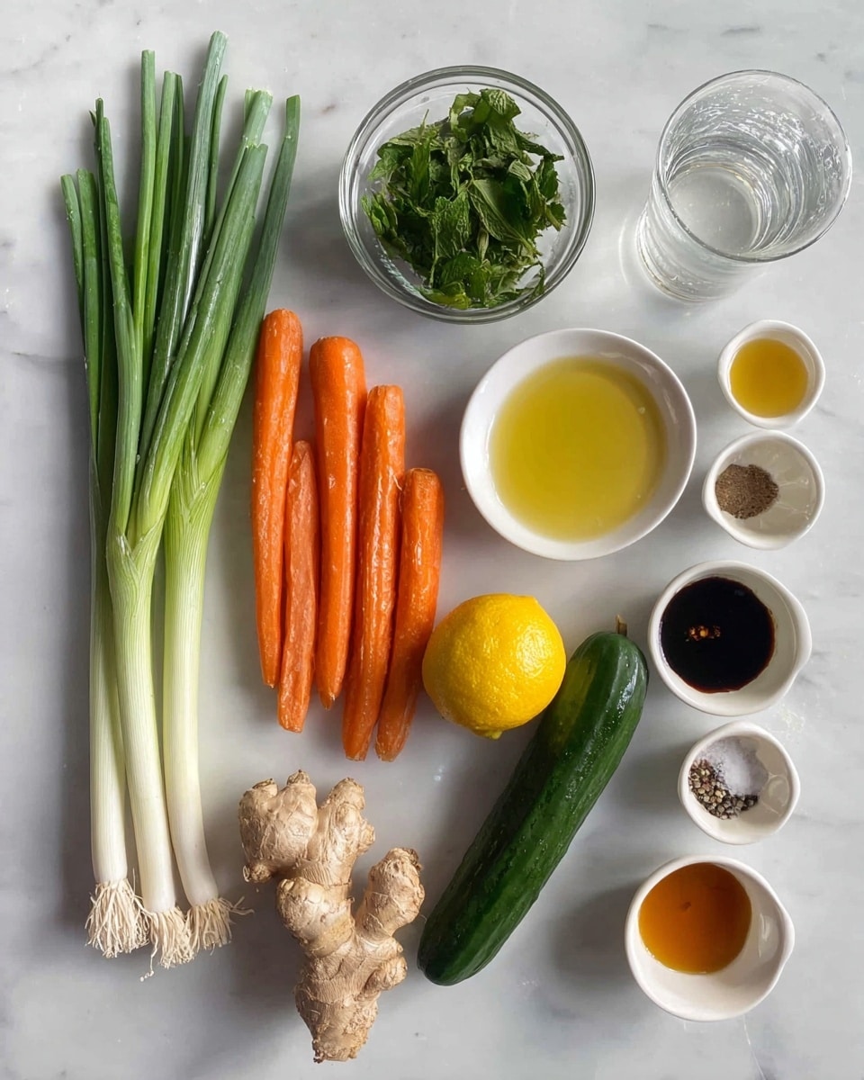 The image shows fresh ingredients neatly arranged on a white marbled surface. On the left, there are three green onions with long white bottoms and green tops, followed by four medium-sized orange carrots lying side by side. Next to the carrots is a small glass bowl filled with green leafy herbs, beside which is a whole lemon with bright yellow skin. Below the lemon is a knobby piece of fresh ginger root with light brown skin. To the right of the ginger, a long, dark green cucumber is placed horizontally. On the far right are six small white bowls and cups, each containing different liquids and spices: one with yellow oil, one with soy sauce, one with honey or a similar golden syrup, one with a light liquid, one with a mix of salt, pepper, and possibly other seasonings, and one with a brown sauce. A glass of water is also partially visible, creating soft reflections. The whole setting is bright, clear, and simple, with no shadows distracting from the ingredients. Photo taken with an iphone --ar 4:5 --v 7
