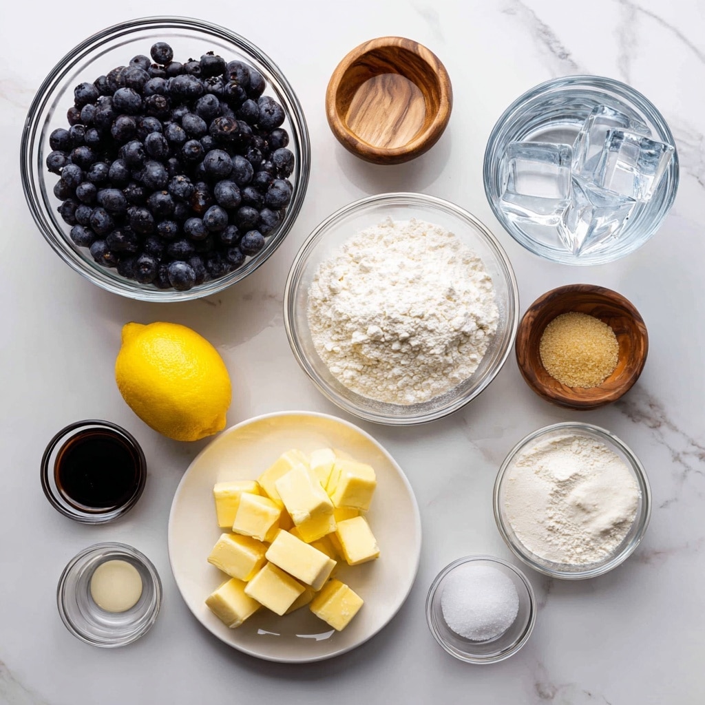 A top-down view of various ingredients placed on a white marbled texture. In the upper left, a large clear glass bowl is filled with dark purple blueberries. To the right, a smaller clear glass bowl holds ice water with visible ice cubes. Below the blueberries, a white plate shows small cubes of cold butter arranged neatly. A bright yellow lemon sits between the butter and a clear glass bowl of white all-purpose flour, which is full and has a soft, powdery texture. Smaller clear glass bowls contain white sugar, light brown turbinado sugar, and white cornstarch, each with fine textures. A wooden container holds white salt with a slightly coarse texture. Near the bottom left, a tiny clear glass bowl contains dark balsamic vinegar with a smooth surface. All items are spaced evenly and labeled with text pointing to each. Photo taken with an iphone --ar 4:5 --v 7