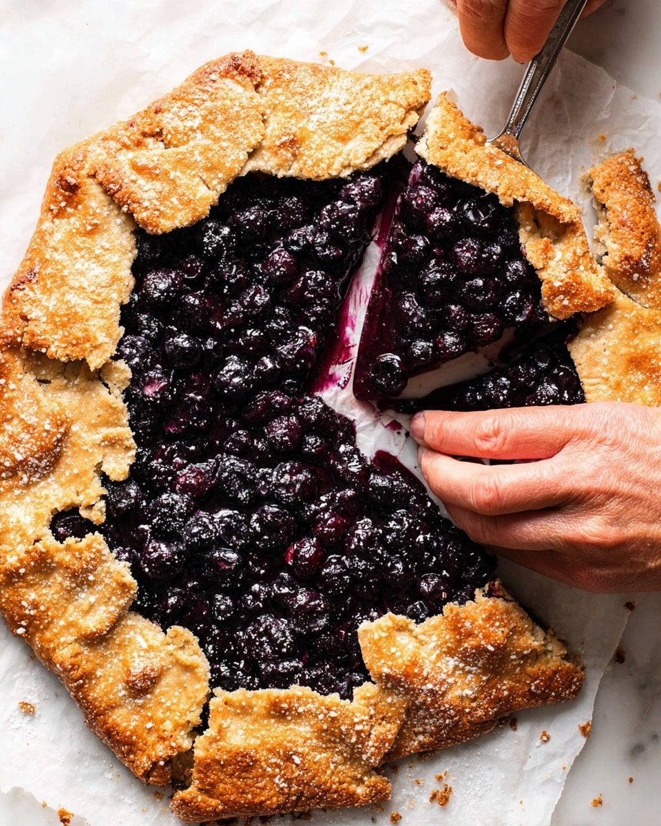 A rustic blueberry galette with one slice being lifted by a woman's hand using a silver pie server on a white marbled surface. The galette has two layers: a golden-brown, thick crust with a rough, crumbly texture folded unevenly over the edges, and a deep purple, glossy blueberry filling with whole blueberries packed together in the center. The crust's edges are sprinkled with sugar, giving a sparkling effect. The white marbled surface underneath adds contrast to the rich colors of the baked pie. Photo taken with an iphone --ar 4:5 --v 7