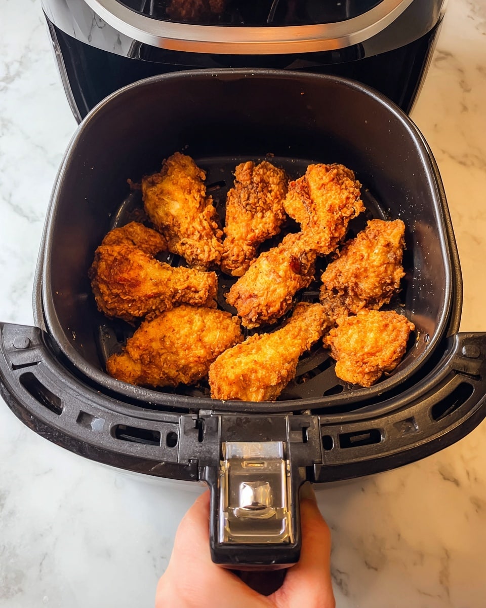 Inside a dark air fryer basket, there are eleven pieces of golden brown fried chicken arranged in a loose layer. The chicken pieces have a crispy, rough texture and vary in size and shape, some looking like wings and drumsticks. The basket is held open by a woman's hand gripping the black, shiny handle with a metallic lock. The air fryer has a silver rim visible at the top, and the whole scene is set against a white marbled surface. photo taken with an iphone --ar 4:5 --v 7