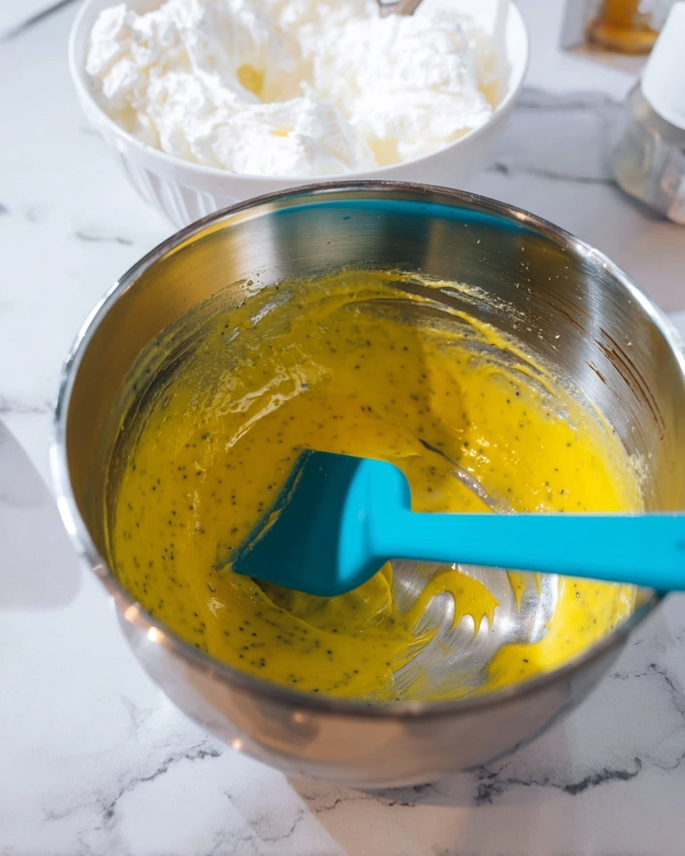 A shiny silver mixing bowl sits on a white marbled surface, holding a thick yellow mixture with small black specks visible throughout. A bright blue silicone spatula rests inside the bowl, coated with the yellow mixture. In the background, a white bowl contains fluffy white whipped texture, placed slightly out of focus. photo taken with an iphone --ar 4:5 --v 7