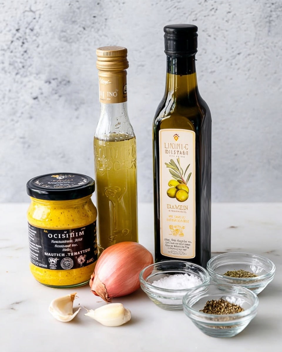 The image shows a white marbled surface with several cooking ingredients neatly placed on it. On the left side, there is a small glass jar of yellow Dijon mustard with a black lid and label. Next to it and slightly behind is a bottle of clear balsamic vinegar with a gold cap and a light-colored label. To the right of the vinegar is a taller bottle of dark green olive oil with a black cap and a cream label that has green olives pictured on it. In front of these bottles, closer to the camera, there is one whole shallot with a pinkish-orange skin, a single unpeeled garlic clove, and three small clear glass bowls containing coarse salt, dried herbs, and sugar arranged in a line. The background is a light gray textured wall. photo taken with an iphone --ar 4:5 --v 7