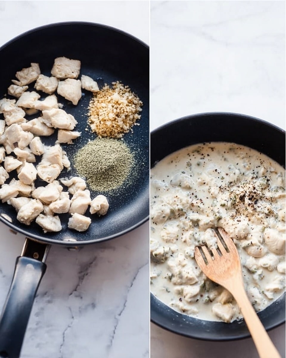 The image shows two black pans on a white marbled surface. The pan on the left has small white pieces of cooked chicken scattered around, with three piles of seasonings in the center: beige minced garlic, green dried herbs, and a light green powder. The pan on the right contains a creamy white sauce with small bits of chicken mixed in, sprinkled evenly with black pepper, and a wooden fork resting in the sauce. Photo taken with an iphone --ar 4:5 --v 7