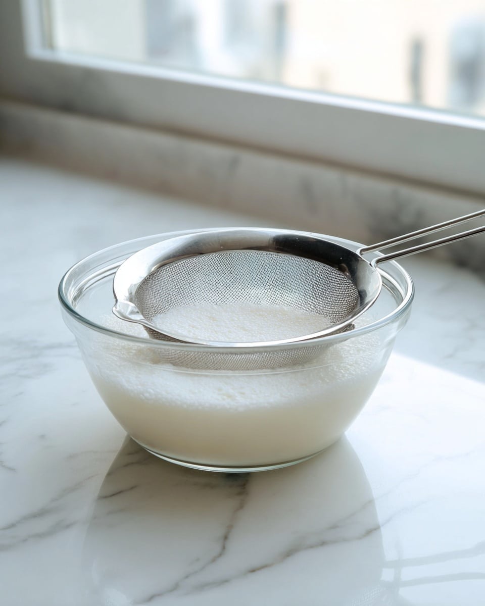 A clear glass bowl filled with a white, foamy liquid sits on a white marbled surface. A fine mesh strainer with a silver rim and black handle rests on top of the bowl, partially touching the liquid. The background shows a light, white marbled corner countertop with soft natural light coming from a window on the right side. The image captures the process of straining or filtering a liquid in a clean kitchen setting, photo taken with an iphone --ar 4:5 --v 7