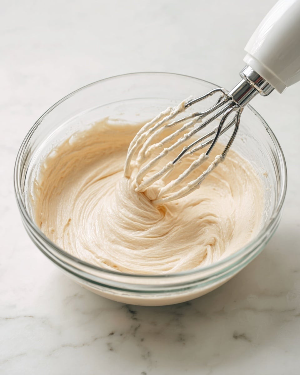 A clear glass bowl sits on a white marbled surface, filled with light beige creamy batter that has a smooth, thick texture with some swirls visible. Two metal beaters from a white electric hand mixer are partially dipped into the batter, showing it has been well mixed. The scene is simple, bright, and clean, focusing closely on the bowl and mixer. photo taken with an iphone --ar 4:5 --v 7