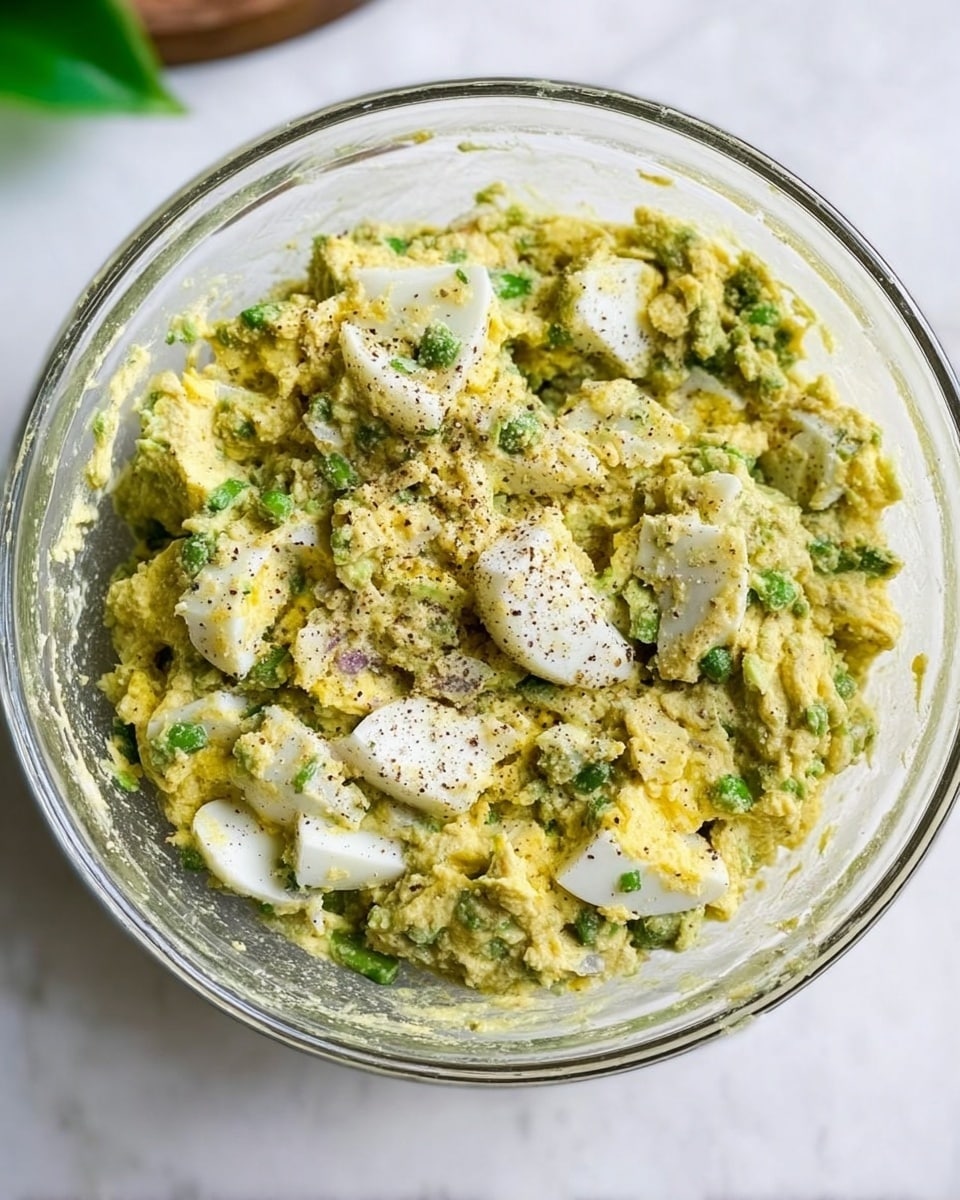 On a white plate, there are five green lettuce leaves arranged in a circle, each topped with a scoop of chunky, pale green salad made of avocado and chopped hard-boiled eggs, showing white and yellow pieces mixed with fresh herbs. In the background on a white marbled surface, a glass bowl filled with more of the same salad and a golden spoon is visible, along with a halved avocado and some halved hard-boiled eggs placed near the plate. The colors are fresh, mainly light greens and whites with hints of yellow, set against the white marbled background. photo taken with an iphone --ar 4:5 --v 7