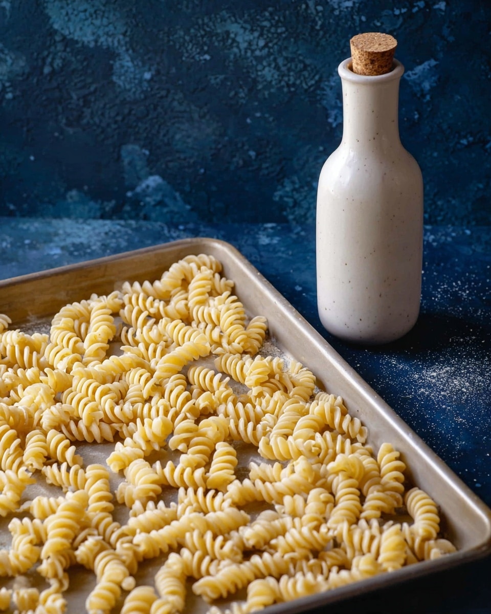 A close-up view of a metal baking tray filled with dry, spiral-shaped pasta that is pale yellow. The pasta pieces are spread out evenly across the tray, showing their curved and ridged texture. To the right of the tray, there is a white ceramic bottle with a cork stopper placed on a white marbled surface. The background behind the tray and bottle is dark blue with a textured appearance. photo taken with an iphone --ar 4:5 --v 7