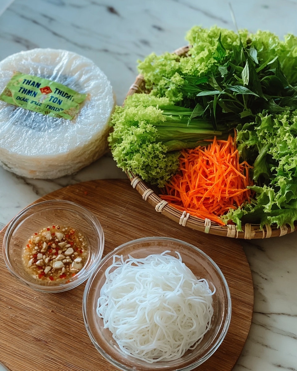 The image shows a package of round Vietnamese rice paper on a wooden surface next to a basket filled with fresh green leafy lettuce, green herbs, and shredded bright orange carrots. In front of the basket, there is a clear glass bowl with white rice noodles and another small clear bowl containing a light brown dipping sauce with visible garlic and chili pieces. The whole setup is placed on a white marbled surface. photo taken with an iphone --ar 4:5 --v 7