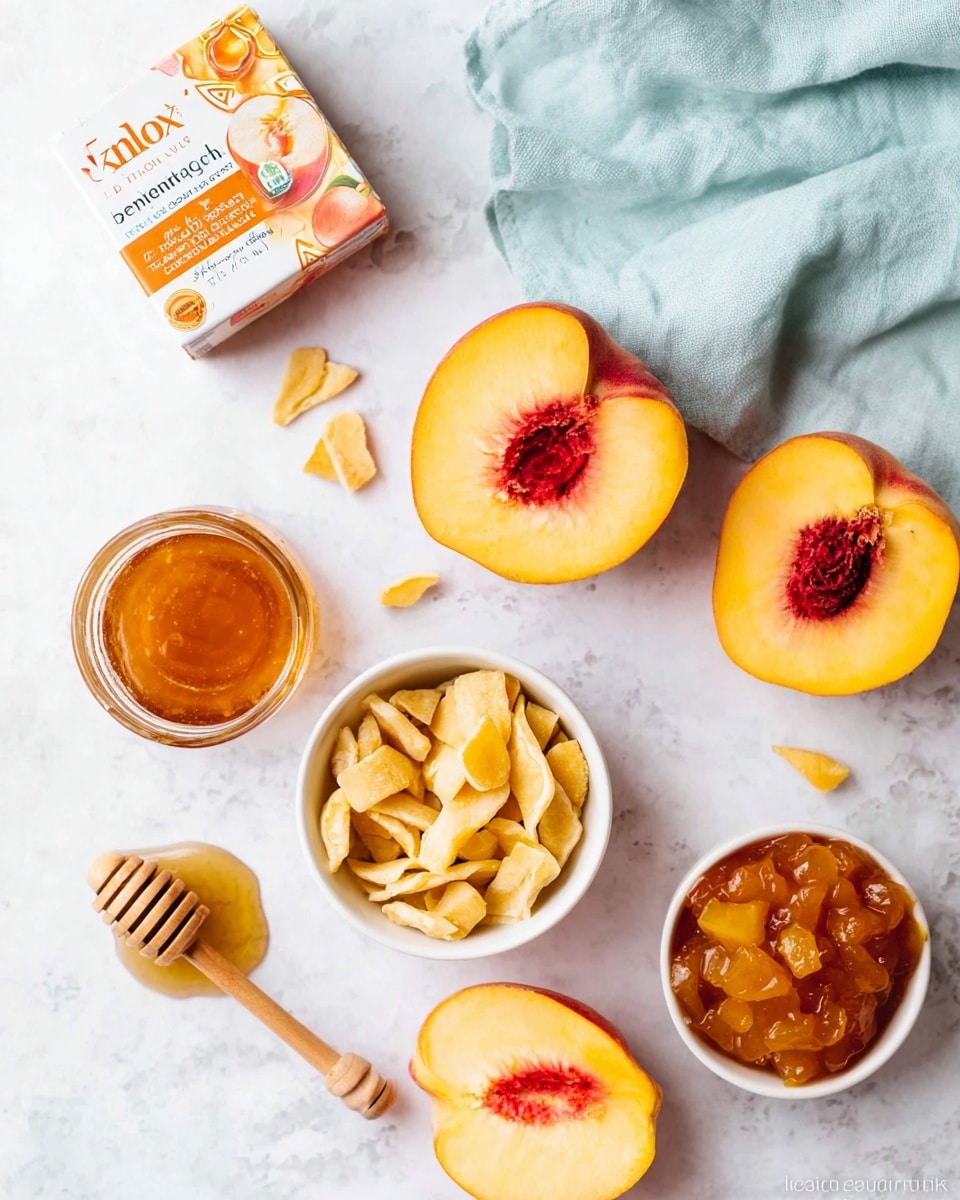 The image shows an arrangement of peach-themed ingredients on a white marbled surface. In the center are two peach halves, showing their soft yellow flesh and red pits, with a whole peach nearby that is smooth and reddish-yellow. There are two small white bowls; one filled with dried peach pieces that look light yellow and pale, and the other with chunky peach preserves which have a glossy, golden-brown color. A small jar of honey with a wooden honey dipper sits on the bottom left, its golden honey shining. At the top left is a box of Knox original gelatin with a mostly white and orange design. A light blue cloth napkin is gently folded near the top right. The scene is bright and clean with soft shadows, photo taken with an iphone --ar 4:5 --v 7