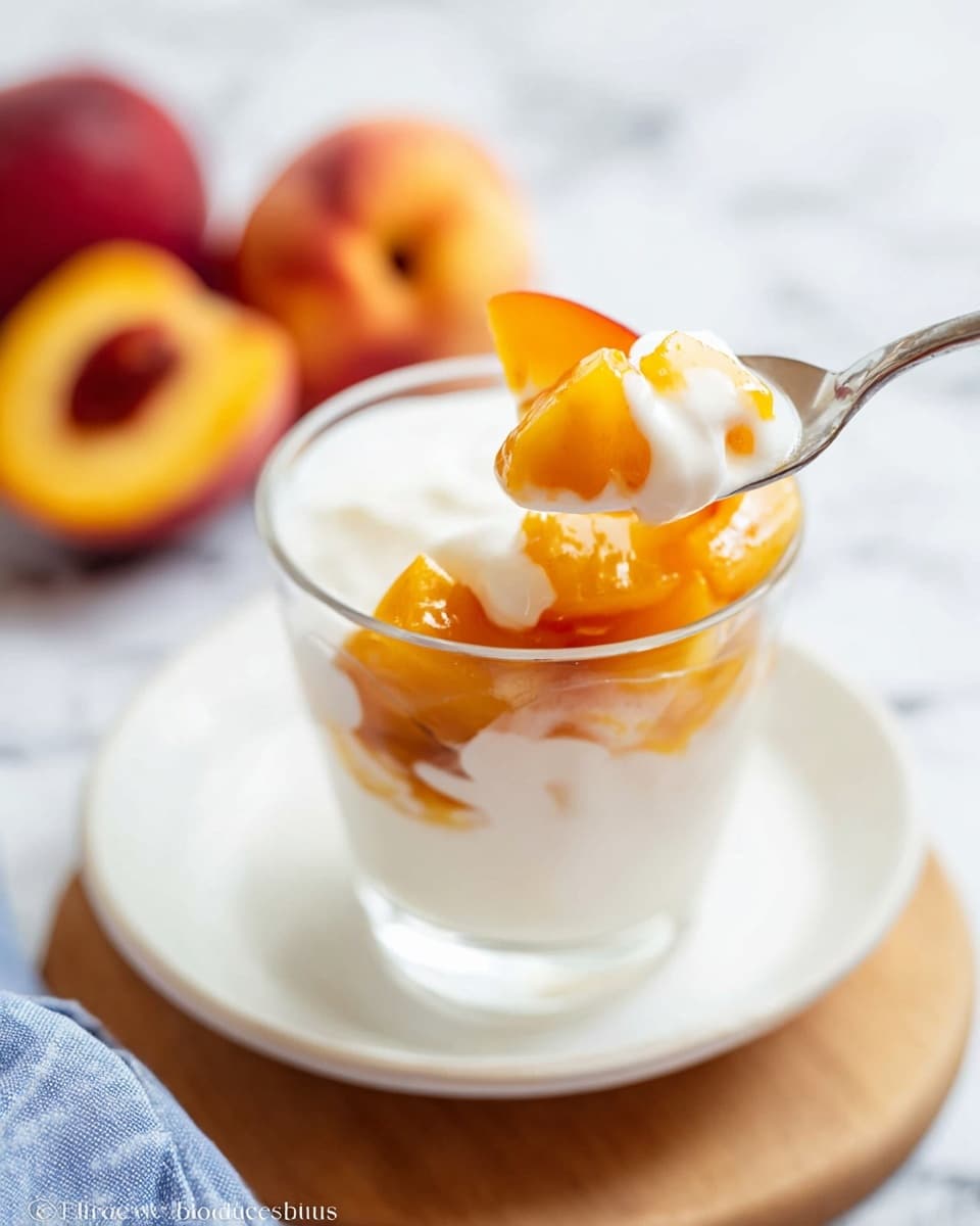 A clear glass holds a dessert with two visible layers: a bottom layer of smooth white creamy yogurt and a top layer of golden orange peach chunks mixed with small syrupy pieces. A silver spoon above the glass lifts a spoonful showing both creamy white yogurt and bright peach pieces. A peach slice rests inside the glass on the top right side. The glass sits on a white plate over a round wooden board with a blurred whole peach and halved peach in the background on a white marbled surface. The lighting is soft and natural. Photo taken with an iphone --ar 4:5 --v 7