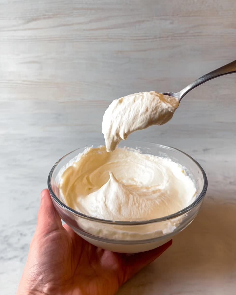 A clear glass bowl filled with a smooth, creamy white mixture with a fluffy texture. A metal spoon is scooping a dollop of the mixture above the bowl, showing thickness and softness. The bowl is held by a woman's hand, with visible skin tones, against a white marbled surface that replaces the original wood texture. The mixture looks fresh and rich, almost like whipped cream or a thick yogurt photo taken with an iphone --ar 4:5 --v 7
