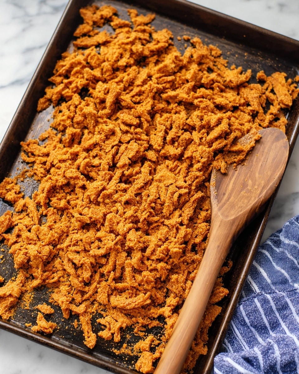 A dark metal tray filled with many small, textured pieces of cooked orange-brown shredded food spread out evenly across the tray's surface, showing a slightly rough and irregular shape. A wooden spoon with visible grain patterns rests on the right side of the tray, among the shredded pieces. The tray sits on a white marbled surface with a blue and white striped cloth partially visible on the right side. photo taken with an iphone --ar 4:5 --v 7