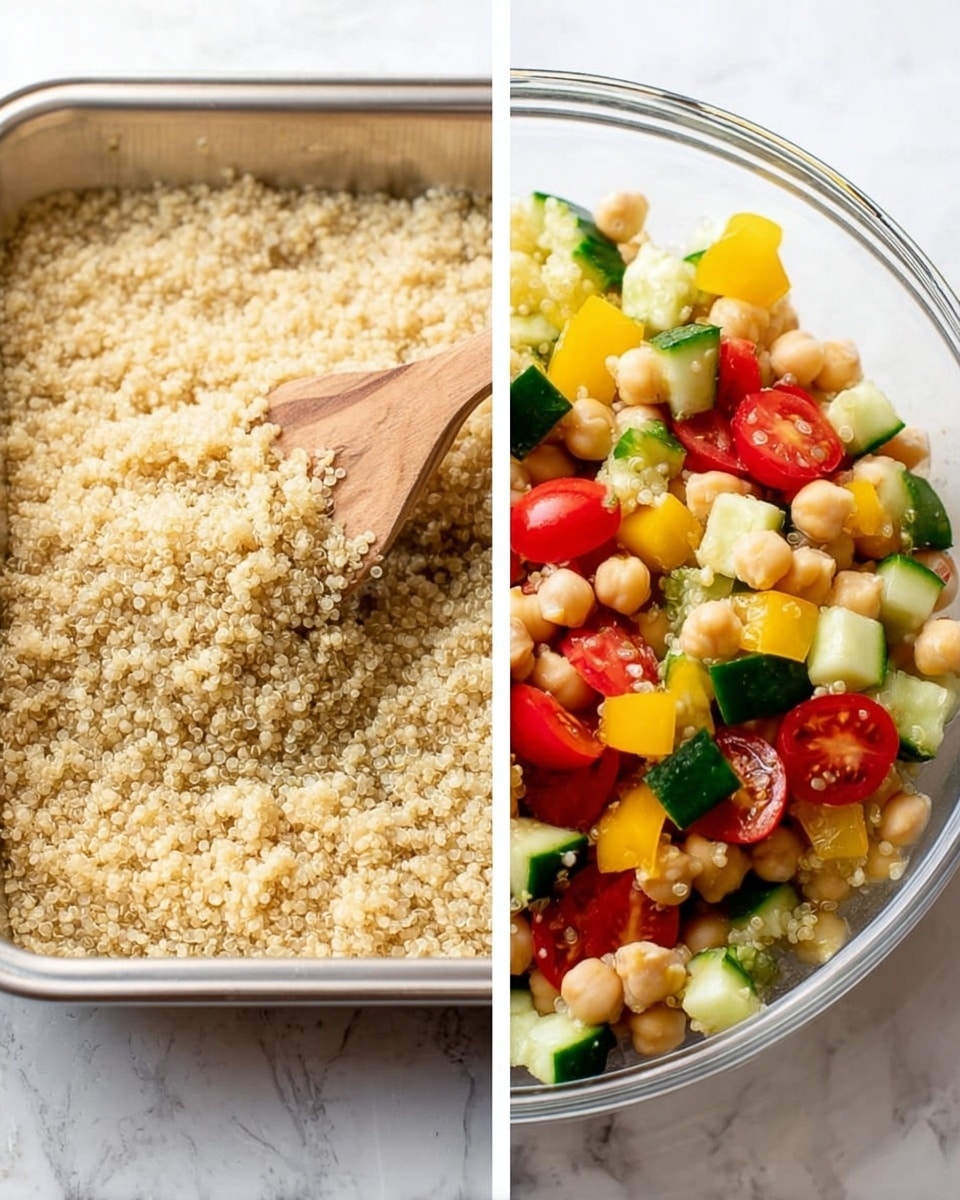 The image shows two parts side by side on a white marbled surface. On the left side, there is a metal tray filled with cooked quinoa, light beige in color, with a wooden spatula partially scooping the quinoa. On the right side, a clear glass bowl contains layers of ingredients on the bottom, a bed of beige quinoa, topped with chunky pieces of green cucumber, small yellow bell pepper cubes, round pale beige chickpeas, and halved red cherry tomatoes on top, all fresh and colorful. The light is soft, highlighting the textures and colors clearly. Photo taken with an iphone --ar 4:5 --v 7