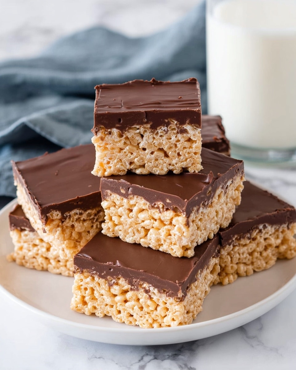 The image shows a stack of five square treats on a white plate, each made up of two layers. The bottom layer is thick and light golden, with a crispy, airy texture from puffed rice cereal. The top layer is smooth and shiny dark brown chocolate spread evenly over the bottom layer. The treats are neatly cut with sharp edges, and in the background, there is a glass of white milk and a blue-grey cloth, all placed on a white marbled surface. Photo taken with an iphone --ar 4:5 --v 7