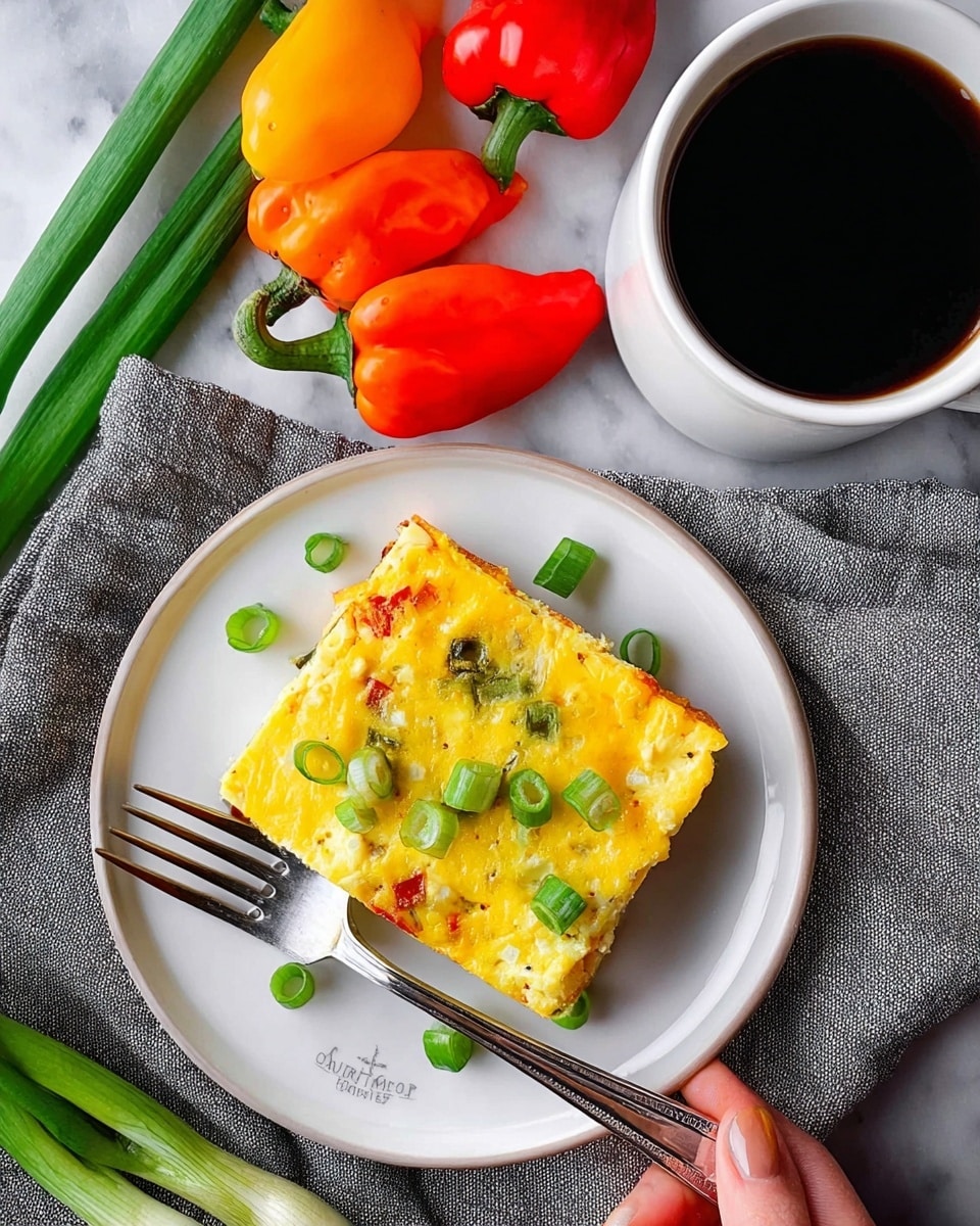 A white round plate holds a square piece of yellow egg casserole topped with small green onion slices scattered on top. The casserole shows a soft, slightly textured surface mixed with bits of red and white ingredients inside. A silver fork is placed on the left side of the plate, its prongs resting on the casserole's corner. The plate is set on a gray cloth with a woman's hand resting near bright red and orange mini sweet peppers and fresh green onions arranged on the white marbled surface. A white cup filled with black coffee is placed at the upper right corner of the image. photo taken with an iphone --ar 4:5 --v 7