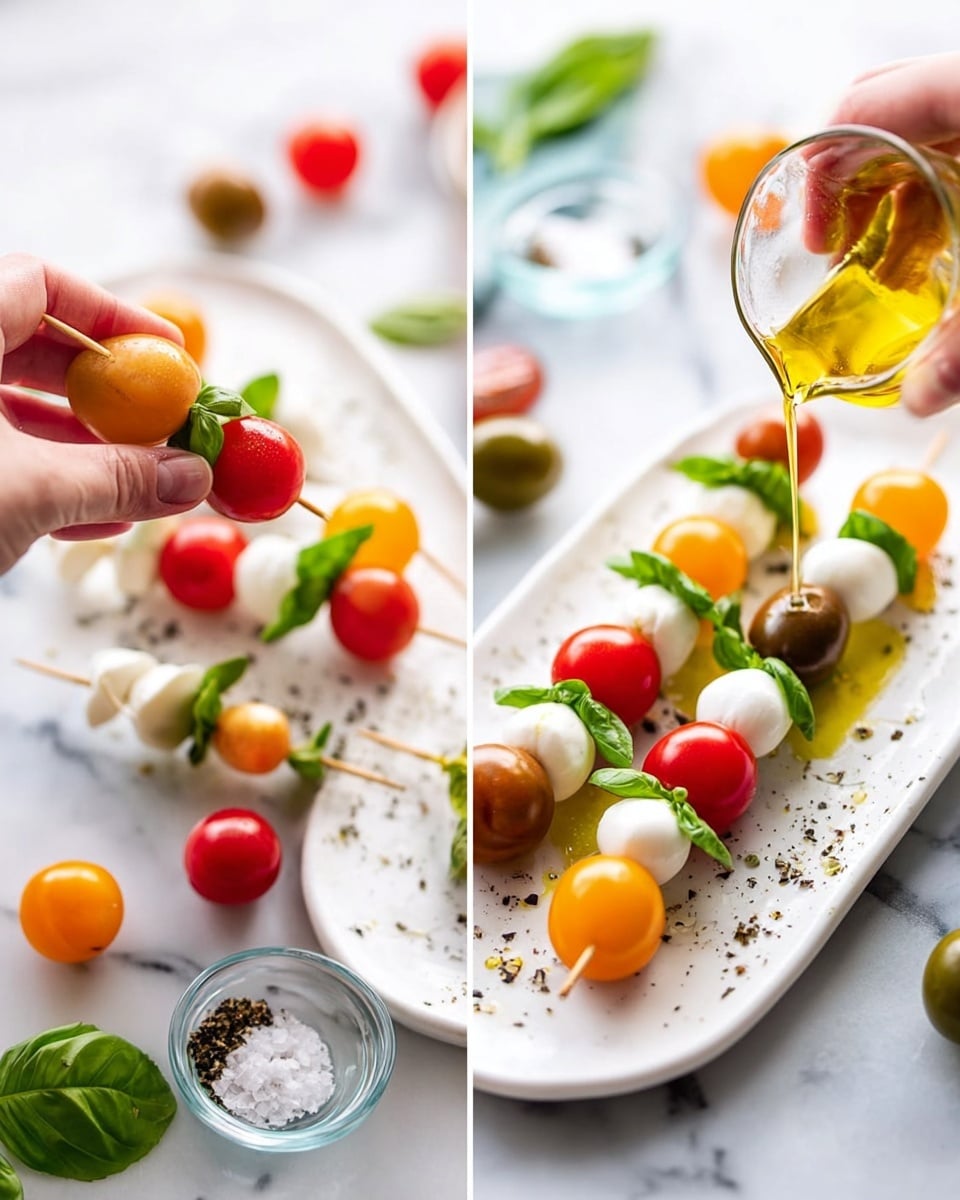The image shows several white oval plates with six small skewers each, arranged neatly on a white marbled surface. Each skewer has four layers from bottom to top: a colorful small cherry tomato (red, orange, or yellow), a fresh green basil leaf, a smooth white mozzarella ball, then another green basil leaf, and finally a cherry tomato of mixed colors. In one part of the image, a woman's hand is placing a green and brown cherry tomato on a skewer. In the other part, a woman's hand is pouring golden olive oil over the skewers. Around the plate, small clear bowls hold seasonings like black pepper and salt, and there are loose cherry tomatoes and basil leaves scattered for decoration. photo taken with an iphone --ar 4:5 --v 7