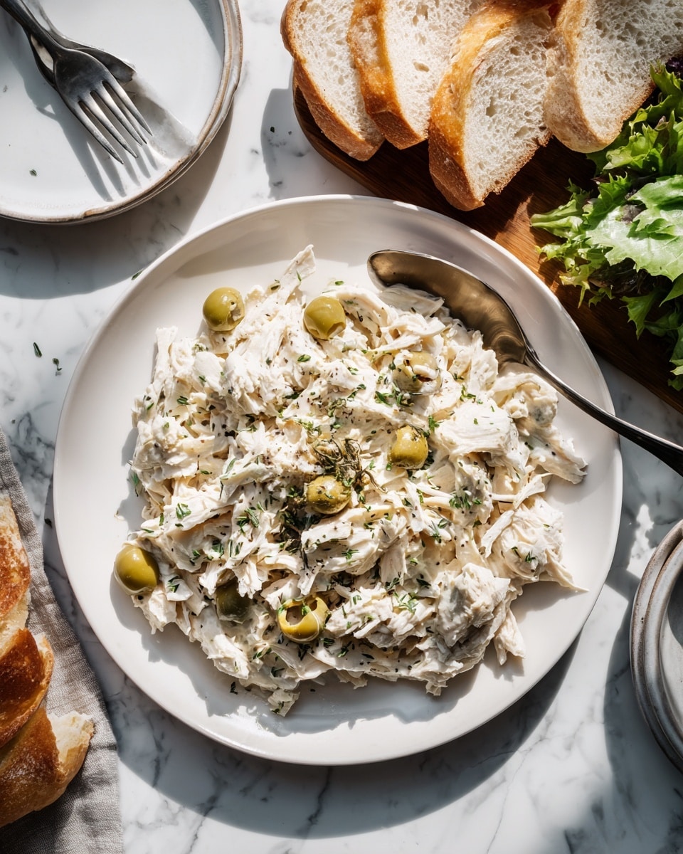 A white plate filled with a creamy mixture of shredded white meat and green olives, sprinkled lightly with dried herbs, the texture appears soft and chunky. The plate sits on a white marbled surface next to a wooden board holding several pieces of sliced bread and leafy greens. To the left, there is an empty white plate and a spoon resting partially on the food. A woman's hand is not visible but implied by the placement of the spoon. The scene is bright with natural light. photo taken with an iphone --ar 4:5 --v 7