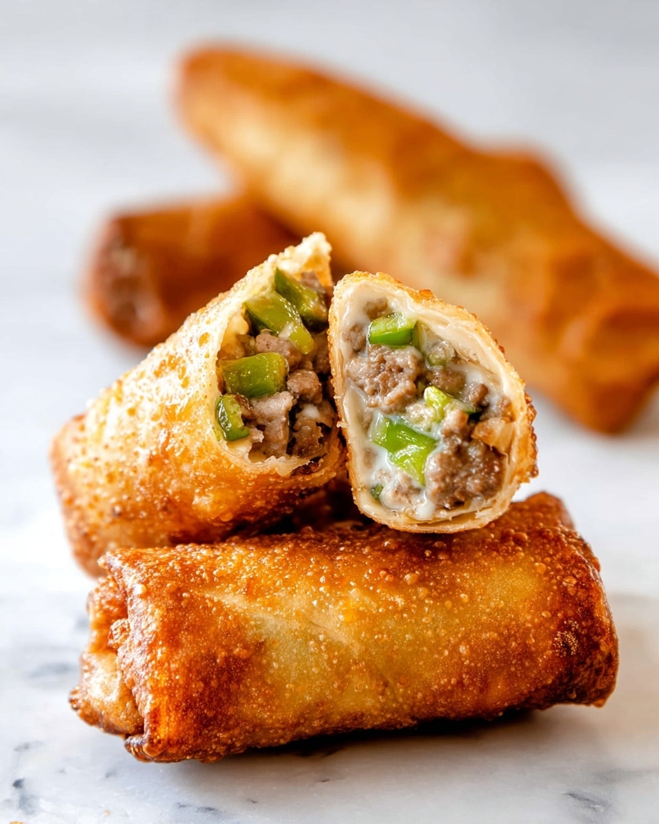 The image shows two golden brown fried egg rolls stacked on each other, with the top one cut open to reveal the filling inside. The filling consists of small pieces of light brown meat mixed with bright green bell pepper bits and white sauce, which gives it a creamy texture. In the background, there are two whole fried egg rolls, slightly out of focus, resting on a white marbled surface. The crispy outer layer looks crunchy and has small bubbles, indicating deep frying. photo taken with an iphone --ar 4:5 --v 7