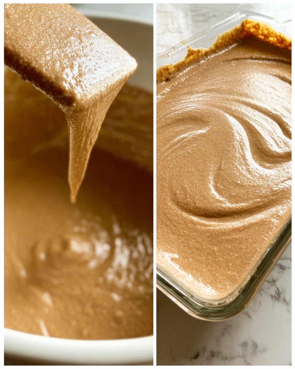 The image shows two close-up views of smooth, light brown batter with a thick texture. On the left, a thick layer of batter is falling from a spatula into a large white bowl, with a shiny, slightly bubbly surface. On the right, the batter has been spread evenly in a clear rectangular dish, with a smooth, glossy top layer showing soft ripples. The background is a white marbled texture. photo taken with an iphone --ar 4:5 --v 7
