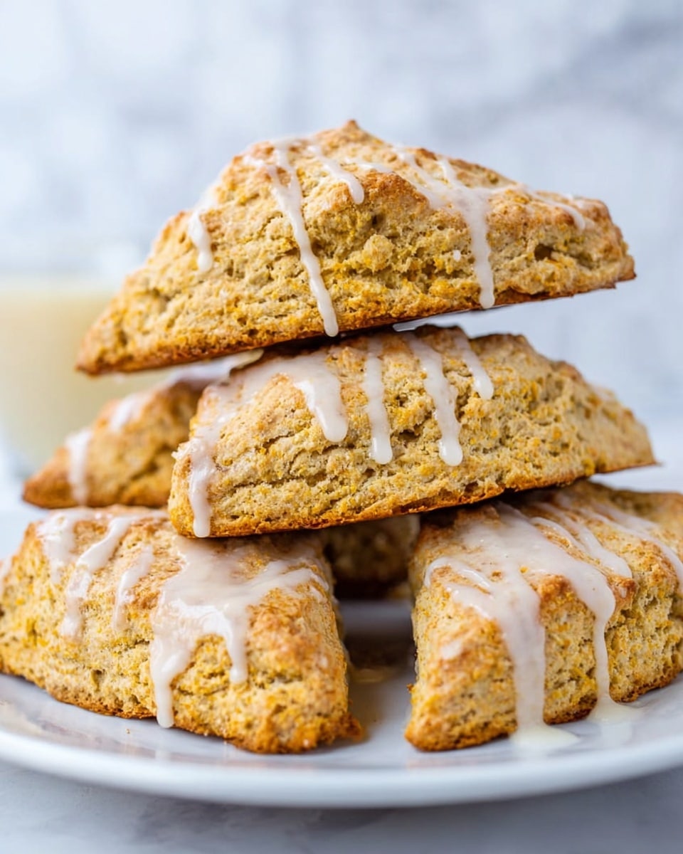 A stack of five golden brown scones with a rough textured surface sits on a white plate. The scones are triangular and flaky, with visible crumbly layers. Each scone is drizzled with a pale cream-colored glaze that runs down their sides in thin, uneven lines. The background is a white marbled texture. photo taken with an iphone --ar 4:5 --v 7