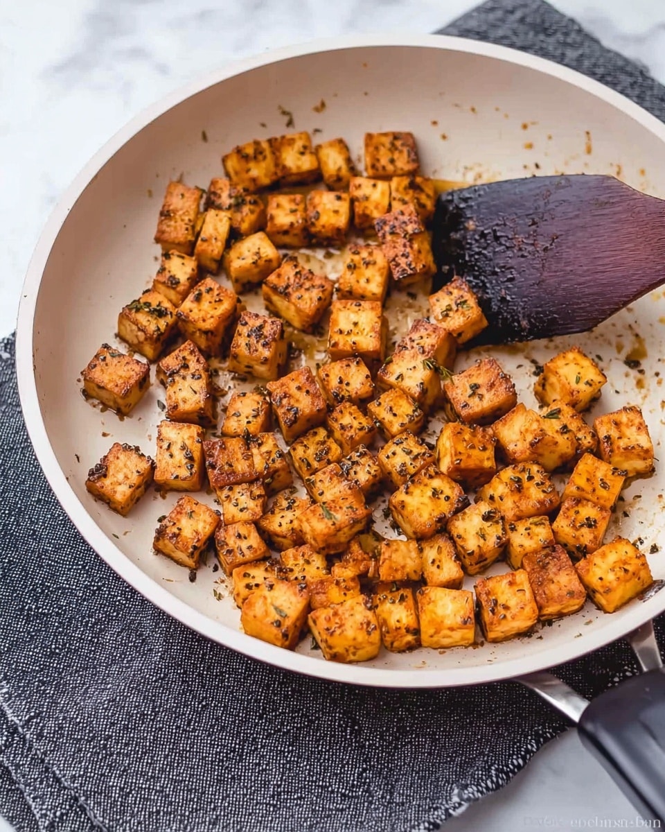 The image shows a white frying pan filled with small golden-brown cubes of cooked tofu seasoned with black pepper and herbs. The tofu pieces have crispy edges and are evenly spread in a single layer inside the pan. A dark spatula is seen stirring or lifting some cubes on the right side of the pan. The pan is placed on a white marbled surface with a dark gray woven cloth partially visible beneath the handle. The overall look is warm and appetizing with a focus on the texture and color contrast of the tofu and seasoning. photo taken with an iphone --ar 4:5 --v 7