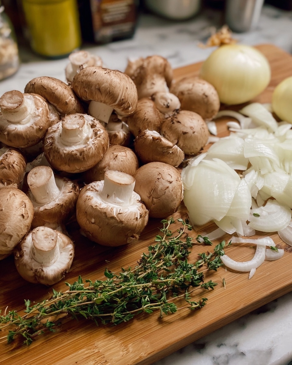 The image shows a wooden board with a pile of light brown mushrooms on the left side, some of which are facing up showing white stems and gills. To the right of the mushrooms, there is a small pile of thin white onion slices with a slight yellow tint. Below the onions, there are green sprigs of fresh herbs spread out in small bunches. The background is a white marbled texture, and there are blurred bottles and containers behind the wooden board. Photo taken with an iphone --ar 4:5 --v 7