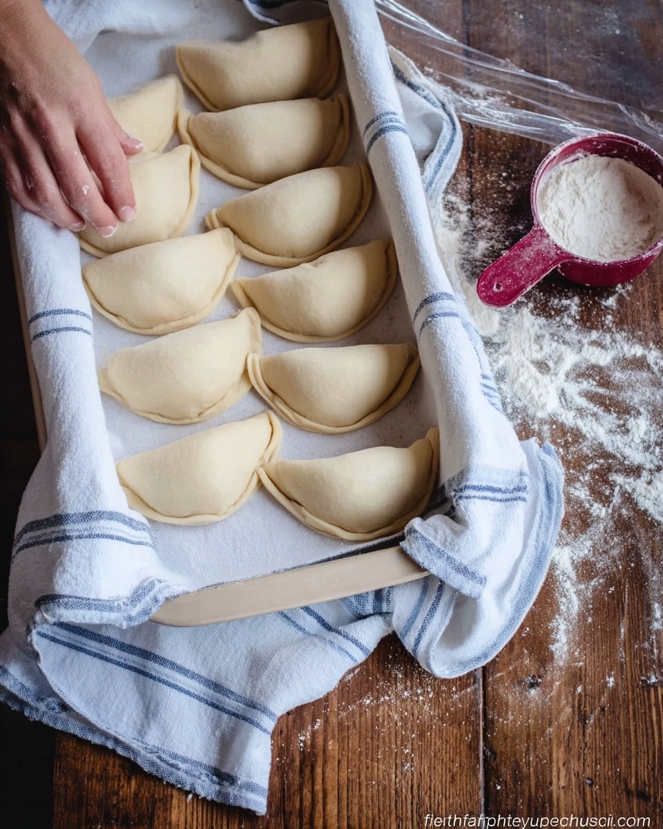 A tray filled with two layers of half-moon shaped dough pieces, pale beige in color, placed neatly on a white and light blue striped cloth. The dough pieces have smooth, soft textures and slightly plump shapes, with one side folded over to form a sealed edge. The tray is on a dark wooden table scattered with a dusting of white flour. A small maroon measuring cup filled with flour sits nearby, and part of a woman's hand is visible, gently touching one dough piece. The background shows a clear plastic sheet on the table, adding a home kitchen feel. Photo taken with an iphone --ar 4:5 --v 7