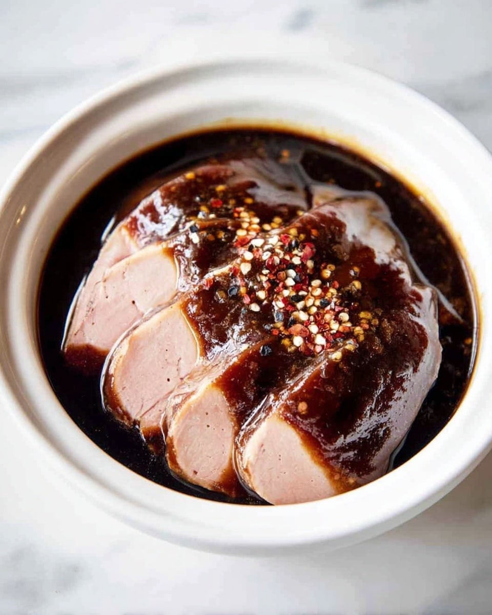 The image shows a white bowl with several smooth, pale pink pieces of meat at the bottom layer, covered by a thick, dark brown sauce on top. The sauce has a glossy texture and is sprinkled with small bits of seasoning that include white, red, and black. The bowl sits on a white marbled surface. photo taken with an iphone --ar 4:5 --v 7