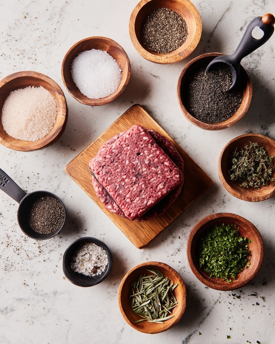 A pack of Impossible plant-based burger, square shaped with a red and pink mixed texture, sits on a white marbled surface surrounded by several small wooden and black bowls with different spices and seasonings. There are four round wooden bowls—two lighter and two darker—containing salt, black pepper, dried herbs, and green chopped herbs. Additionally, there are two black measuring spoons holding dried herbs. The arrangement is neat and evenly spaced. photo taken with an iphone --ar 4:5 --v 7