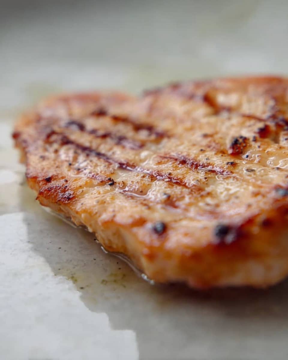 A close-up view of a single piece of cooked chicken with a golden-brown surface and light grill marks, showing a slightly crispy texture. The chicken is positioned on a white marbled surface, thin and evenly cooked with some small charred spots, appearing juicy and tender. Photo taken with an iphone --ar 4:5 --v 7