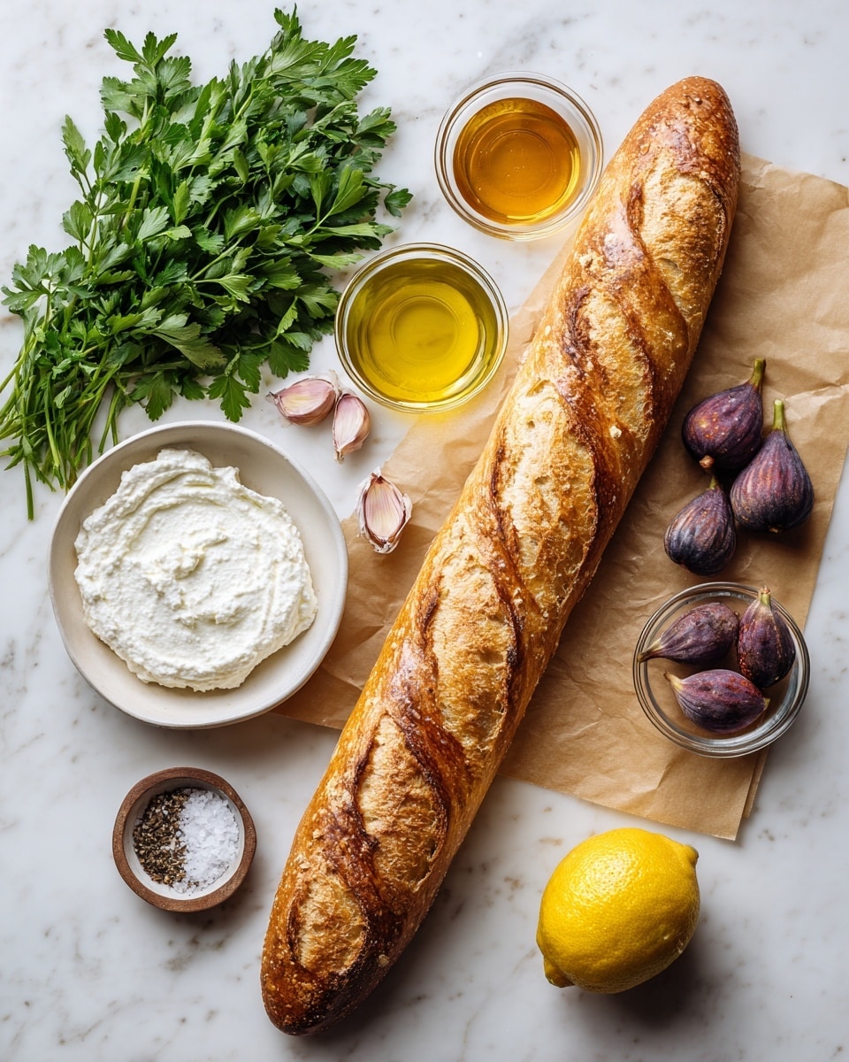 A long, golden brown baguette with a crispy crust rests on light brown parchment paper in the right half of the image over a white marbled surface. On the left side, a bunch of fresh green parsley with jagged leaves lies near a round white bowl filled with smooth, creamy white ricotta cheese. Above the parsley and ricotta, a small clear glass bowl holds golden olive oil, and another similar bowl next to it contains hot honey of a deeper golden color. Near the top center, a clear glass bowl holds deep purple fresh figs with a smooth skin. A bright yellow lemon sits at the top right with a small garlic clove placed nearby. Two small glass bowls with sea salt and coarse black pepper complete the arrangement, each showing their white and speckled black textures. All items are neatly arranged on the clean white marbled surface, creating a fresh and vibrant look photo taken with an iphone --ar 4:5 --v 7
