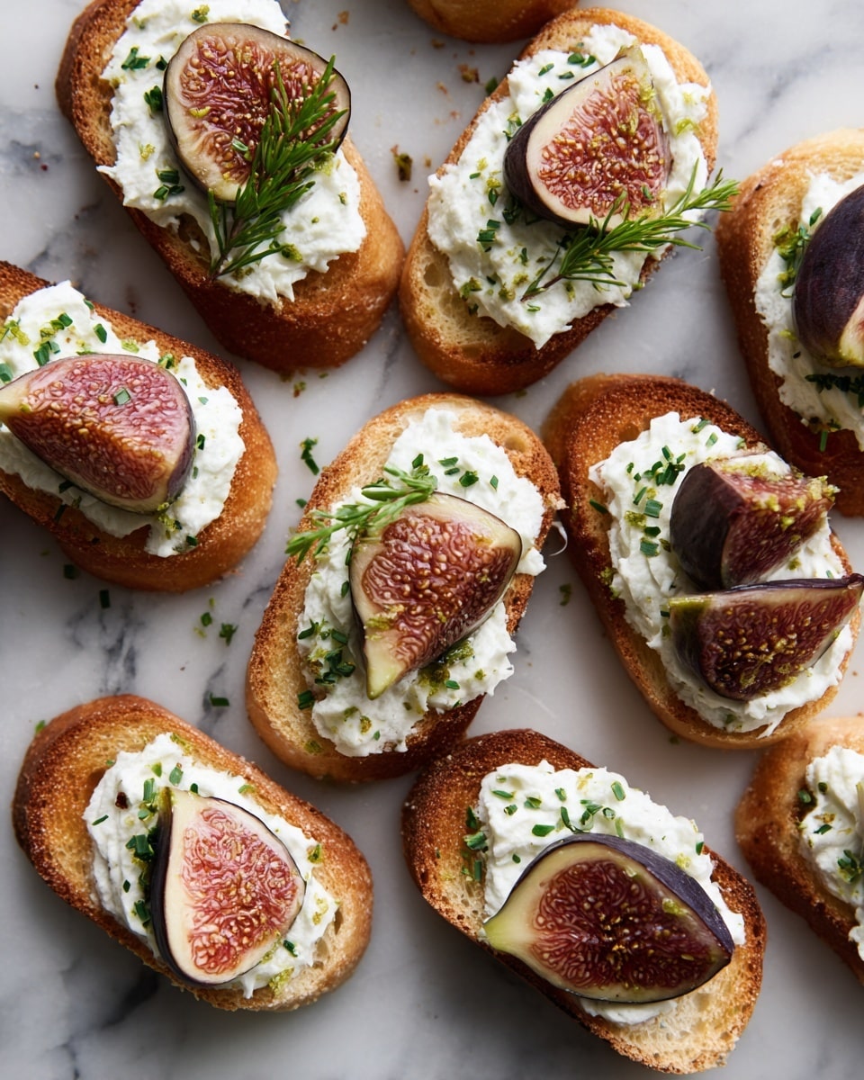 Small slices of toasted golden brown bread form the base layer, each topped with a thick, creamy white spread that looks soft and smooth. On top of the spread, quartered fresh figs show a mix of light pinkish-orange flesh and deep purple skin, arranged in small clusters. Tiny green herb bits are sprinkled around, adding a fresh touch that contrasts with the white spread and warm tones of the bread and figs. The crostinis are closely placed next to each other on a white marbled surface. photo taken with an iphone --ar 4:5 --v 7
