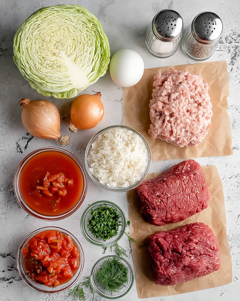 A collection of fresh cooking ingredients arranged in a flat lay on a white marbled surface, featuring a whole light green cabbage at the top center, a white egg just below it, and two brown onions and a head of garlic to the left. There are two large portions of raw meat on brown parchment paper—pinkish pork to the right and deep red beef to the left center. On the lower left side are two small glass bowls filled with bright red tomato sauce and diced tomatoes, and a glass bowl of white rice near the bottom center. Small bowls with finely chopped green parsley and dill sit to the right near two clear salt and pepper shakers. The light and colors are soft and natural, showcasing the fresh textures of each item. Photo taken with an iphone --ar 4:5 --v 7
