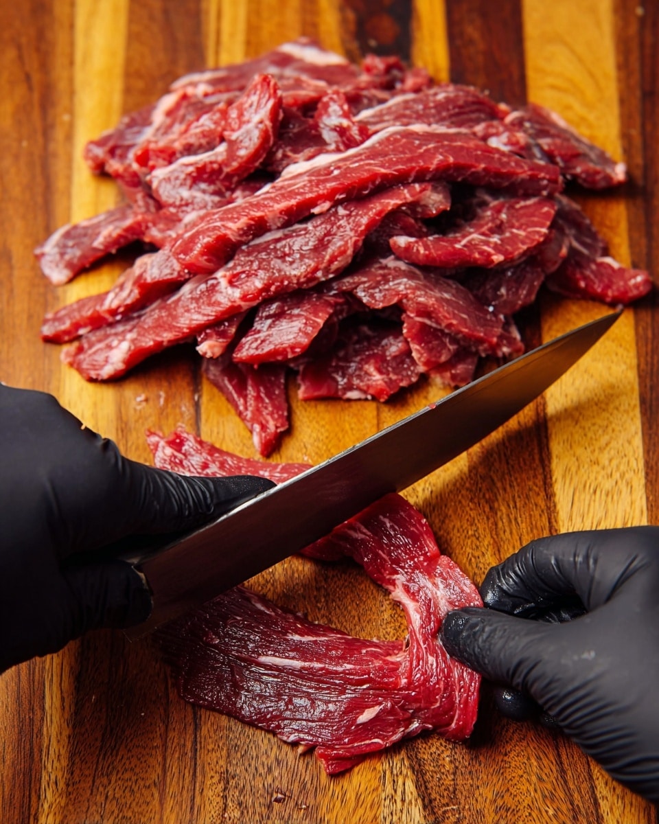 A close-up view of thin, raw red meat strips with white marbling spread on a wooden cutting board with warm brown and honey tones. There are about 12 irregularly shaped pieces layered in a loose pile at the top, showing a mix of smooth and slightly rough textures. At the bottom left, a pair of hands wearing black gloves is seen holding a large shiny knife and slicing a thicker piece of meat. The knife blade is angled diagonally, lifting a fresh red strip from the larger cut. The wooden board’s grain adds rich texture under the meat. Photo taken with an iphone --ar 4:5 --v 7