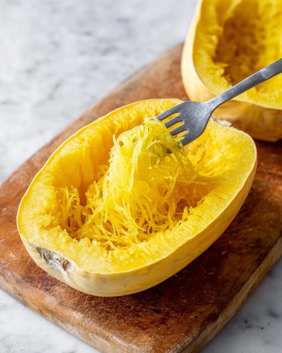 The image shows a halved spaghetti squash placed on a wooden board on a white marbled surface. One half is hollowed out with stringy yellow flesh being pulled by a silver fork, showing thin noodle-like strands inside. The outer skin is a smooth pale yellow, and the inner flesh is vibrant yellow with a fibrous texture. The second half of the squash is visible in the background but not as focused. photo taken with an iphone --ar 4:5 --v 7