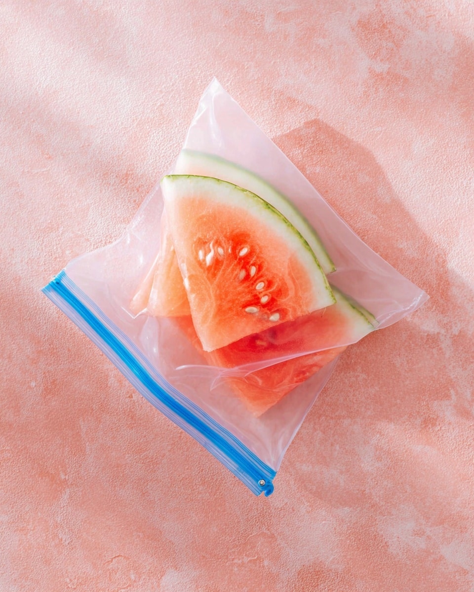 A clear plastic ziplock bag with a blue zipper holds three visible layers of watermelon slices, stacked unevenly with the largest pink-red slice with white seeds on top, showing a gradient of light green rind to white near the edges; the bag is placed on a soft pink textured surface. photo taken with an iphone --ar 4:5 --v 7