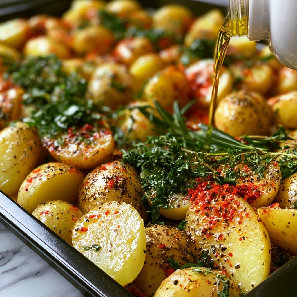 The image shows many small pieces of roasted potatoes with golden brown and crispy skin scattered on a baking sheet. Some potato pieces have a light yellow inside with a soft texture while the skin shows a textured, slightly charred surface with herbs sprinkled on top. A metal spatula holds a cluster of the roasted potato pieces in the center, with small green herb bits adding color contrast. The potatoes have uneven shapes but are cut into bite-sized chunks. The whole scene is set against a white marbled texture. photo taken with an iphone --ar 4:5 --v 7