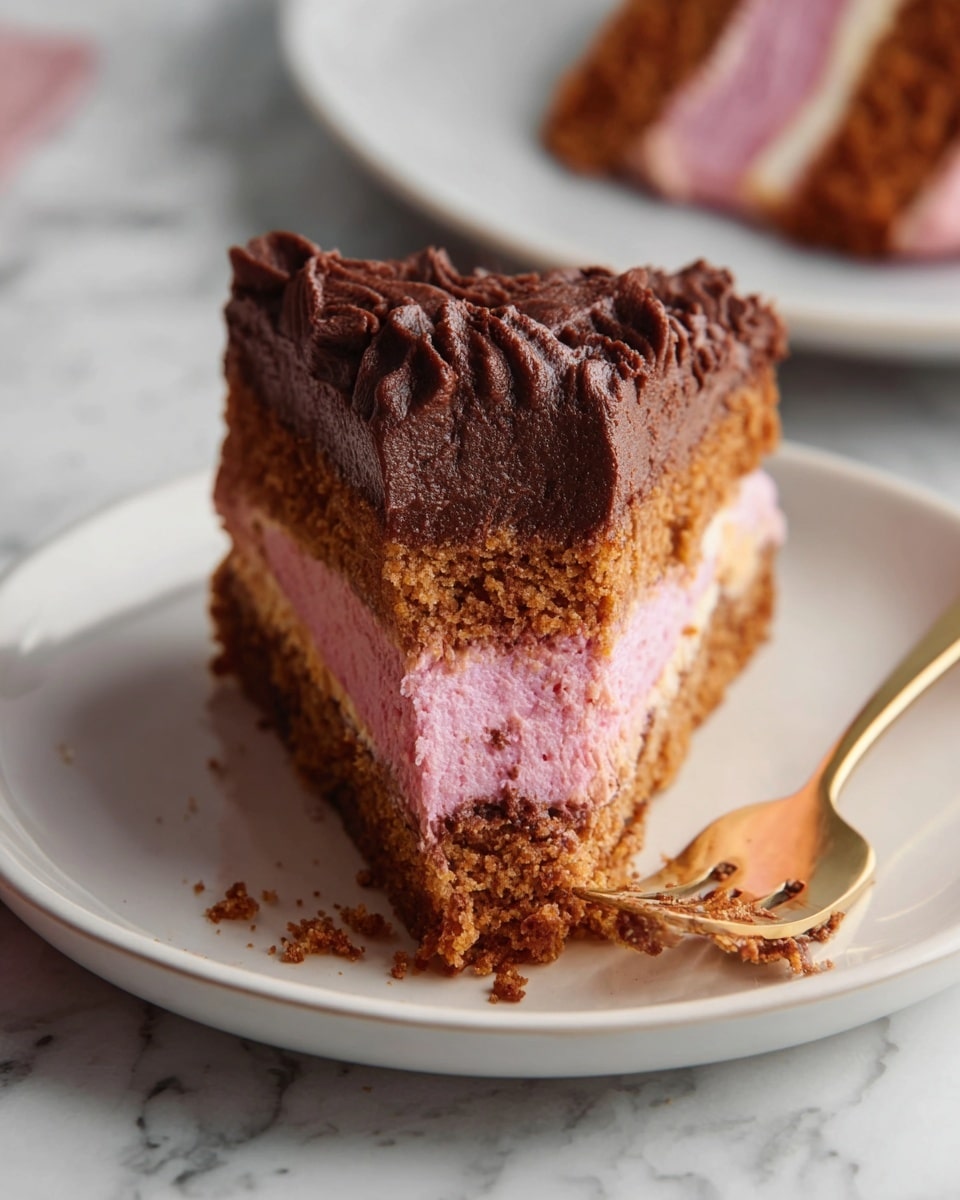The image shows a slice of cake on a white plate with a white marbled background. The cake has three layers: a thick brown crumbly base, a middle pink creamy layer, and a dark brown soft frosting layer on top with rough textured swirls. Crumbs are scattered near the slice. A gold fork beside the cake holds a piece with all three layers visible. Photo taken with an iphone --ar 4:5 --v 7