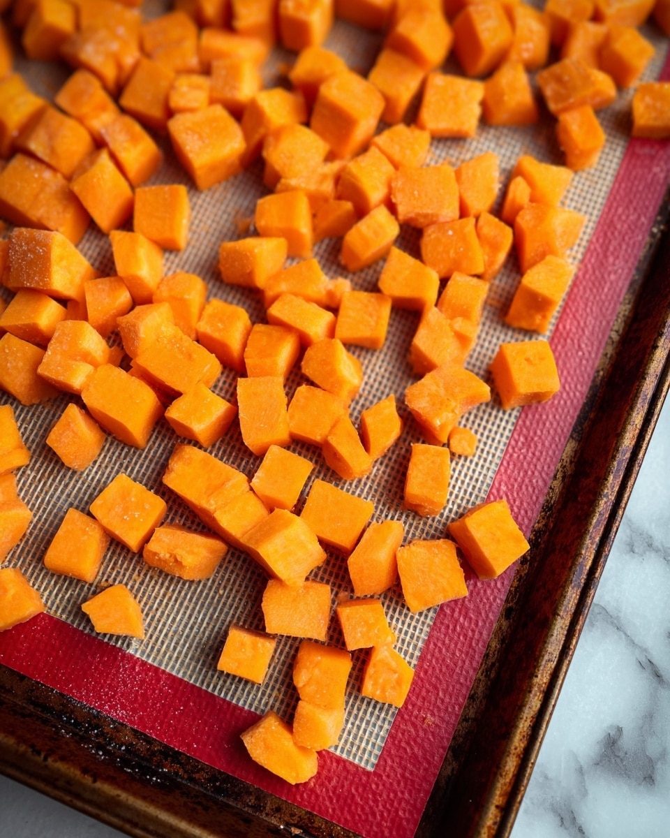 Small orange cubes are spread out in one layer across a baking tray lined with a textured silicone mat that has red edges. The cubes have a smooth texture with some irregular shapes among the mostly even pieces. The baking tray's edges are dark and worn, giving a rustic look, and the whole scene is set against a softly blurred white marbled texture. photo taken with an iphone --ar 4:5 --v 7