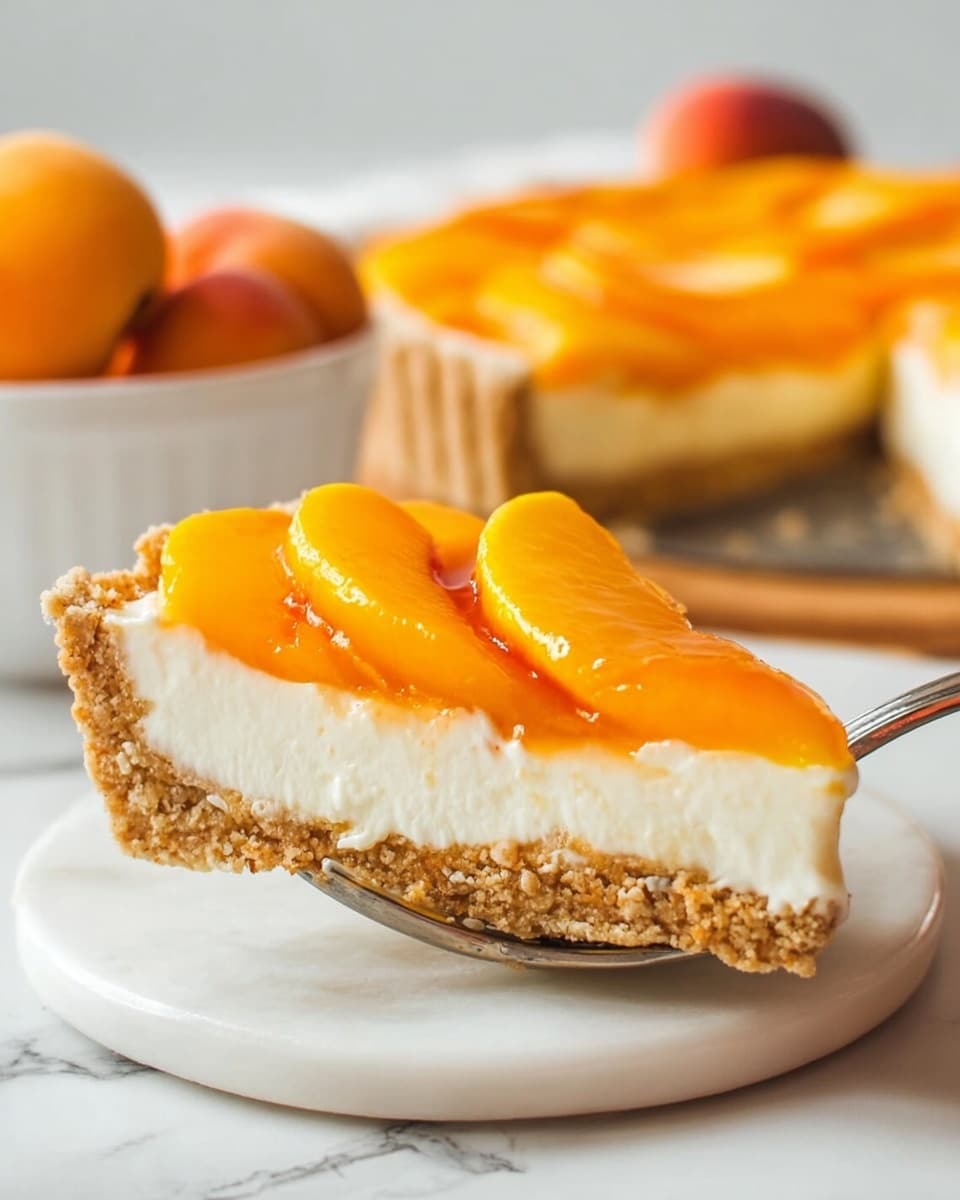 A close-up of a slice of peach tart held above a white marbled surface, showing three layers: a crumbly light brown crust at the bottom, a thick smooth white cream layer in the middle, and a bright shiny orange peach topping with thinly sliced peach pieces neatly arranged on top. The slice is held on a silver fork, and the background shows the rest of the tart and a white bowl with whole peaches blurred softly. photo taken with an iphone --ar 4:5 --v 7