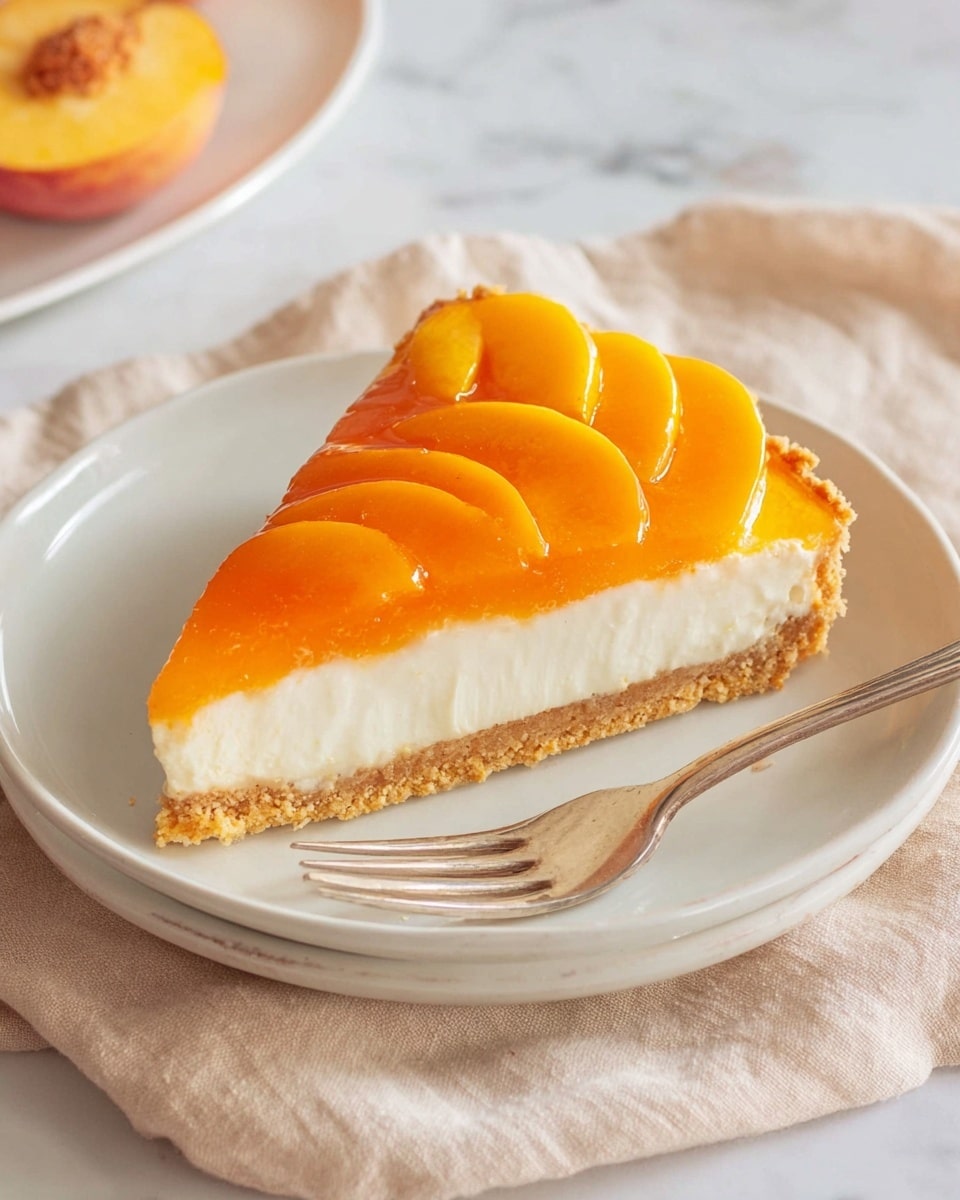 A slice of peach tart sits on a white plate with a silver fork beside it. The tart has three layers: a crumbly golden crust at the bottom, a smooth white creamy layer in the middle, and a bright orange peach jelly layer on top. On the jelly layer, thin peach slices are neatly arranged in a small pile near the edge. The plate is placed on a soft beige cloth, and everything is set on a white marbled surface. photo taken with an iphone --ar 4:5 --v 7