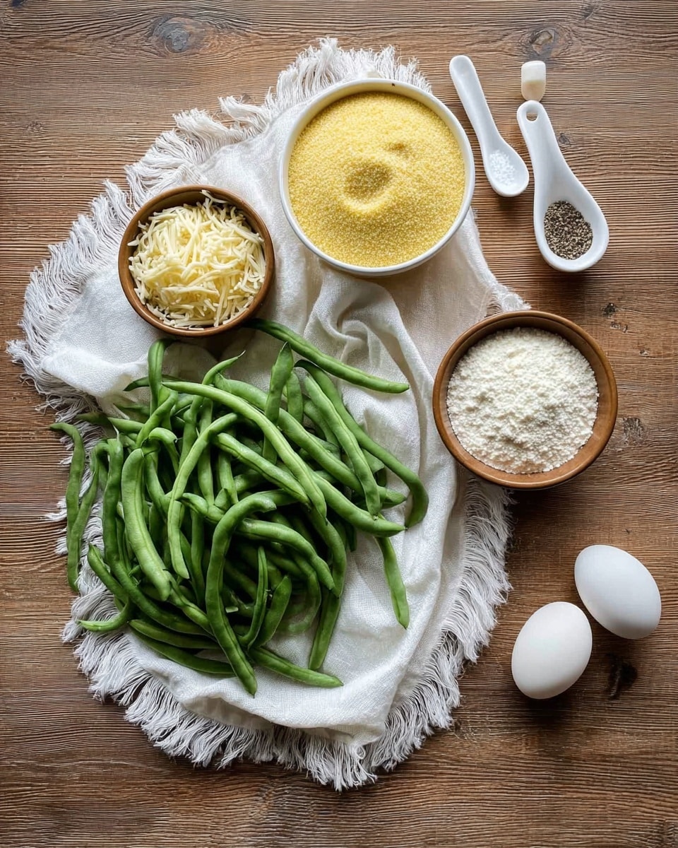 A top view image showing green beans spread loosely on a white fringed cloth, placed on a wooden surface. Around the beans are five bowls: a white bowl with light yellow cornmeal arranged in a spiral, two brown bowls holding white flour and shredded pale yellow cheese, and two white spoons containing black pepper and a light yellow spice. Two white eggs rest on a white egg holder near the top right. The overall scene is simple and natural, with soft light emphasizing the fresh ingredients photo taken with an iphone --ar 4:5 --v 7