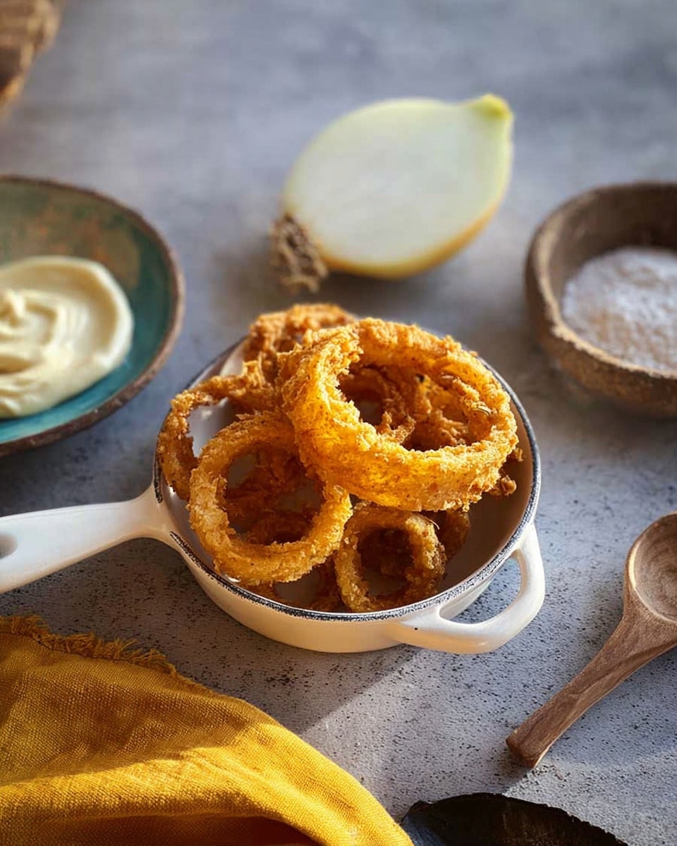 In the center, there is a small white ceramic pan with a handle, filled with five golden-brown crispy fried onion rings piled on top of each other, showing a crunchy texture. To the left of the pan, there is a small round dish with pale creamy mayonnaise and part of a white onion visible. To the right of the pan, a small wooden spoon lies next to a rustic bowl with some white powder. The whole setting is on a gray textured surface with a hint of a yellow cloth and a dark object peeking in from the bottom, all lit softly in natural light. photo taken with an iphone --ar 4:5 --v 7
