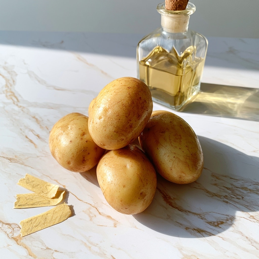 The image shows four whole waxy potatoes with smooth, light brown skin clustered together on a white marbled surface. Near the potatoes, there are three small pieces of yellow tape with handwritten labels: