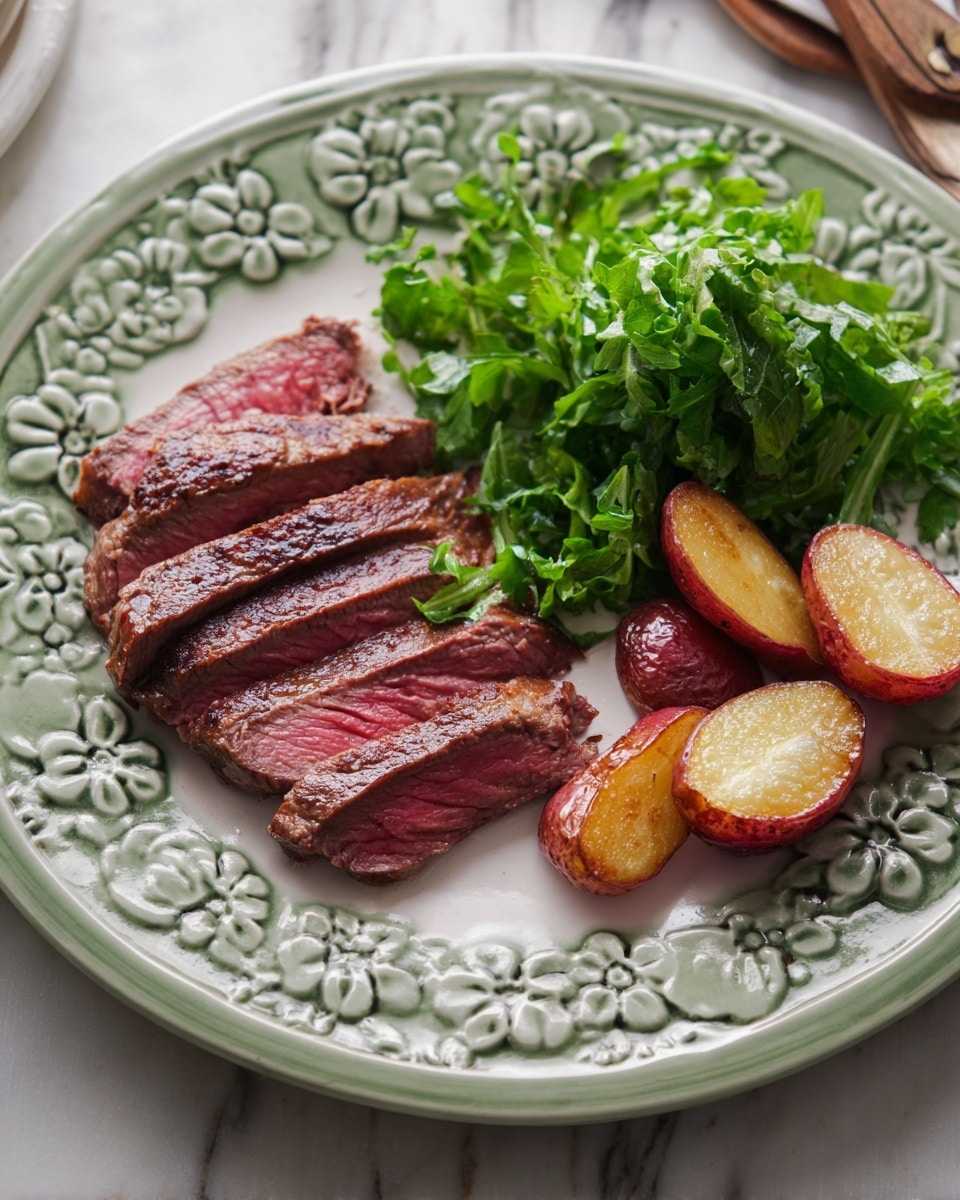 On a white plate with a raised floral pattern, there are three slices of steak placed on the left side, each slice showing a pink interior with a brown seared outer edge; to the right, a small pile of green leafy salad adds a fresh texture, and in the bottom right corner, halved roasted baby potatoes with a golden inside and reddish skin are arranged closely together. The plate is on a white marbled surface. photo taken with an iphone --ar 4:5 --v 7