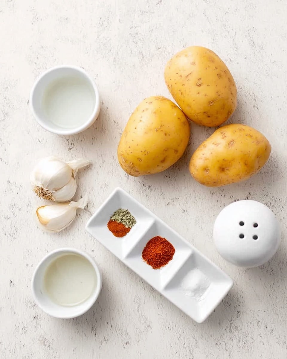 The image shows two yellow potatoes with small brown spots on their skin, placed on a white marbled surface. Next to them are two peeled garlic cloves with smooth white texture. There is a small white rectangular plate holding three different spices: brown, red, and green, each in small piles. Nearby, there are two small white bowls, one filled with a clear liquid and the other empty. A small white container with three holes on top, likely a salt shaker, is also present. All items are neatly arranged with clear visibility of their colors and textures. Photo taken with an iphone --ar 4:5 --v 7