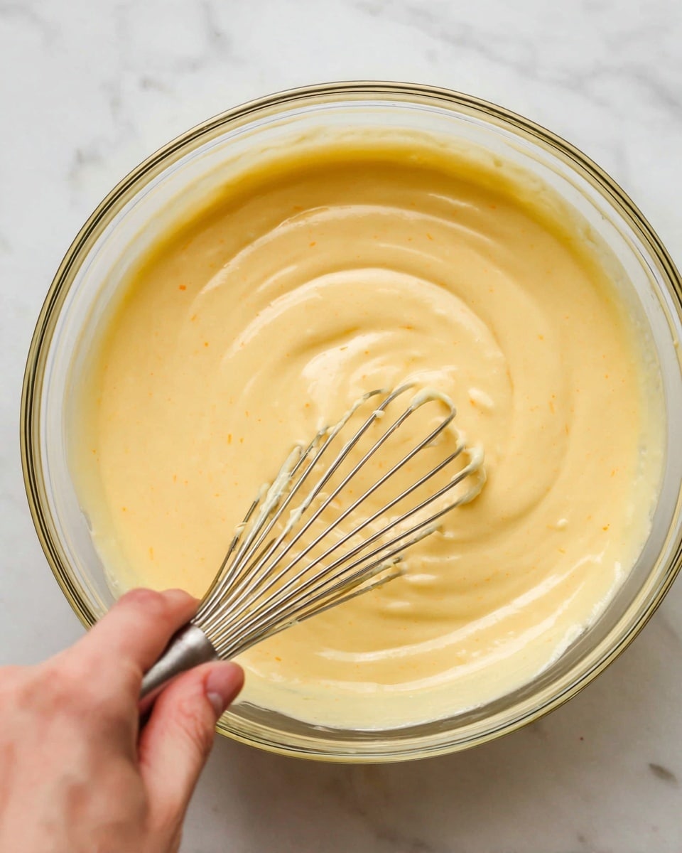 A close-up view of a clear glass bowl held by a woman's hand from the bottom left, filled with a smooth, creamy pale yellow batter with a few light orange specks. Inside the bowl, a silver metal whisk with thin wires is partially submerged, coated lightly with the batter, creating soft swirling textures on the surface. The background shows a white marbled texture, giving a clean and simple look. photo taken with an iphone --ar 4:5 --v 7