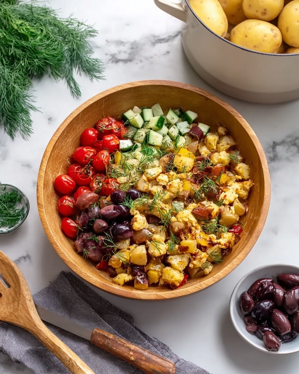 A wooden bowl is filled with a salad featuring five main layers: the base layer shows small chickpeas and diced cucumber in light green with rough skin texture, followed by bright red halved cherry tomatoes scattered throughout; next are dark purple olives, some whole and some sliced; the top layer consists of golden brown roasted potato chunks with crispy rough edges; the salad is garnished with fresh green dill sprigs placed randomly on top. The bowl sits on a white marbled surface, beside which there is a small white bowl of dark purple olives, a bunch of fresh dill, and a pair of wooden-handled utensils resting on a gray cloth. In the background, a white pot with three whole yellow potatoes inside is visible. photo taken with an iphone --ar 4:5 --v 7